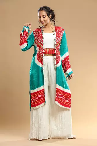 Red Sea Green White Bandhani Jacket Pallazo And Bustier