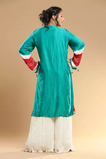 Red Sea Green White Bandhani Jacket Pallazo And Bustier