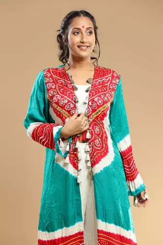Red Sea Green White Bandhani Jacket Pallazo And Bustier