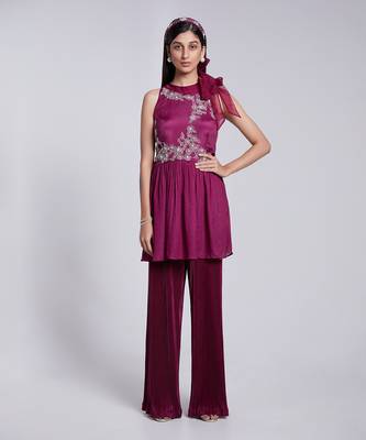 Beautiful Peplum Top With Tie Up At The Neckline Paired With Crush Fabric Pants. 1