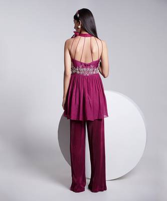 Beautiful Peplum Top With Tie Up At The Neckline Paired With Crush Fabric Pants. 4