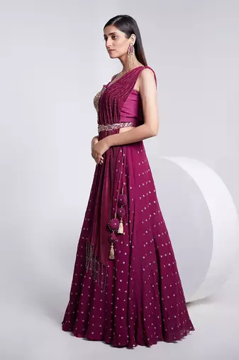 Sleeveless Embroidered Blouse With Dupatta On One Side Of The Shoulder