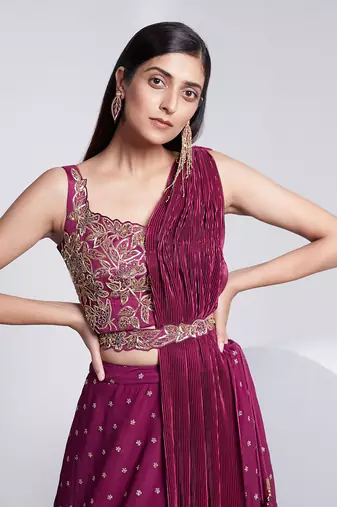 Sleeveless Embroidered Blouse With Dupatta On One Side Of The Shoulder
