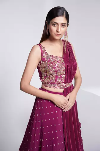 Sleeveless Embroidered Blouse With Dupatta On One Side Of The Shoulder