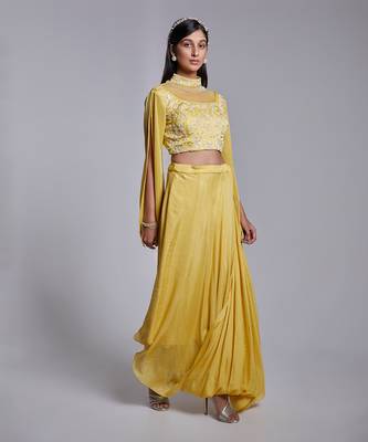 Hand Embroidered Crop Top With Open Sleeve In Crush Pre Draped Skirt 1
