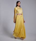 Hand Embroidered Crop Top With Open Sleeve In Crush Pre Draped Skirt