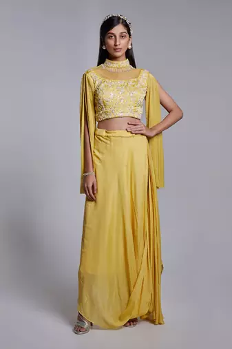 Hand Embroidered Crop Top With Open Sleeve In Crush Pre Draped Skirt