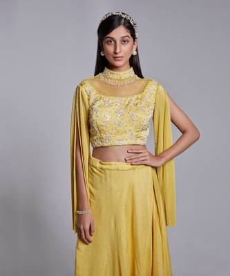 Hand Embroidered Crop Top With Open Sleeve In Crush Pre Draped Skirt 3