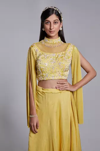 Hand Embroidered Crop Top With Open Sleeve In Crush Pre Draped Skirt