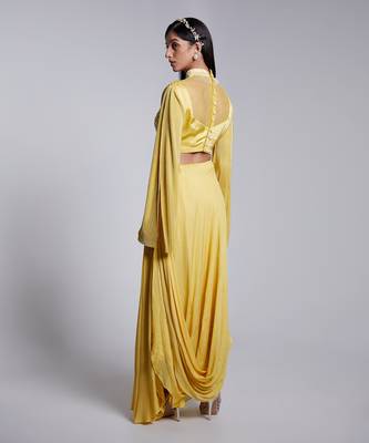 Hand Embroidered Crop Top With Open Sleeve In Crush Pre Draped Skirt 4
