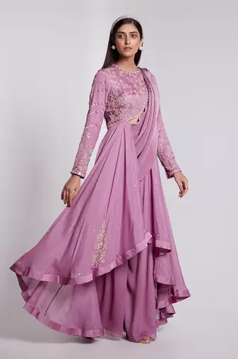 Beautifully Hand Crafted Pant Saree Set Having Pre Pleated Crush Pallu.