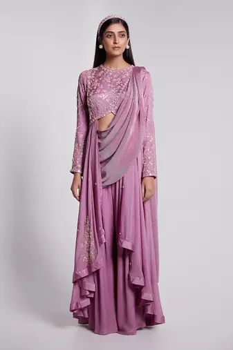 Beautifully Hand Crafted Pant Saree Set Having Pre Pleated Crush Pallu.