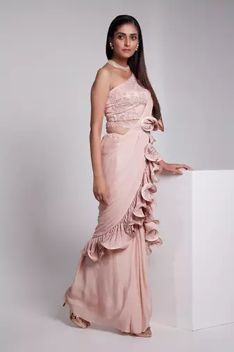 The Saree Is Pre Draped With A Seperate Embroidered Belt.