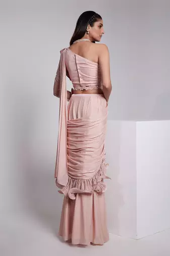 The Saree Is Pre Draped With A Seperate Embroidered Belt.