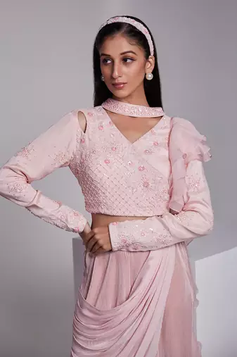 A Flawless Pant Saree Set With Ruffle Details On The Pallu