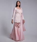 Short Peplum Jacket With Delicate Embroidery Details In Floral Pant Saree With Crush Pallu