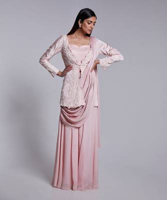 Short Peplum Jacket With Delicate Embroidery Details In Floral Pant Saree With Crush Pallu 2