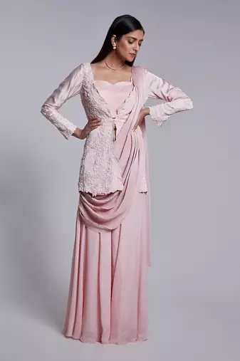Short Peplum Jacket With Delicate Embroidery Details In Floral Pant Saree With Crush Pallu