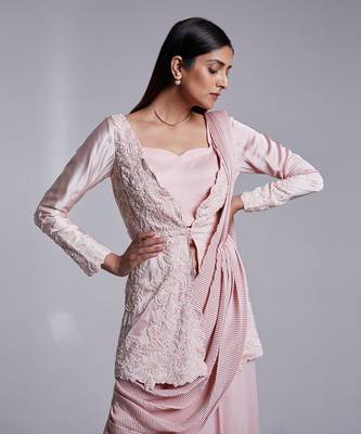 Short Peplum Jacket With Delicate Embroidery Details In Floral Pant Saree With Crush Pallu 3