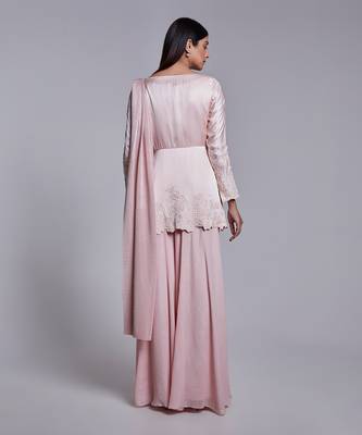 Short Peplum Jacket With Delicate Embroidery Details In Floral Pant Saree With Crush Pallu 4