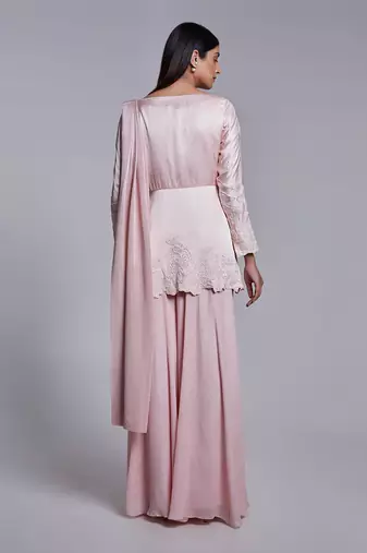 Short Peplum Jacket With Delicate Embroidery Details In Floral Pant Saree With Crush Pallu