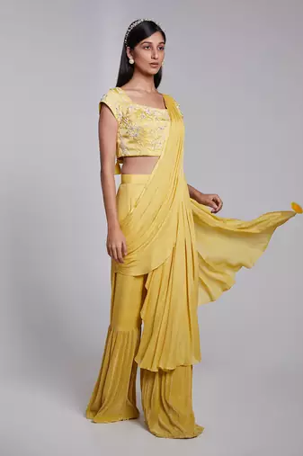 Flawless Pant Saree With Embriodered Blouse.