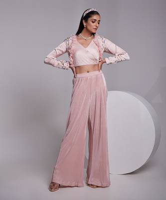 Beautifully Multicolored Short Jacket With Ruffle Details Apired With A Pleated Crop Top And Crush Pants 1