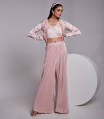 Beautifully Multicolored Short Jacket With Ruffle Details Apired With A Pleated Crop Top And Crush Pants