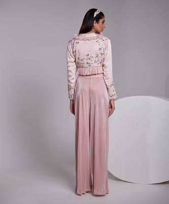 Beautifully Multicolored Short Jacket With Ruffle Details Apired With A Pleated Crop Top And Crush Pants 2