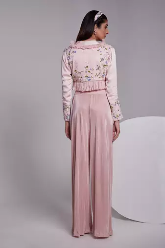 Beautifully Multicolored Short Jacket With Ruffle Details Apired With A Pleated Crop Top And Crush Pants