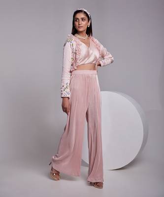 Beautifully Multicolored Short Jacket With Ruffle Details Apired With A Pleated Crop Top And Crush Pants 3