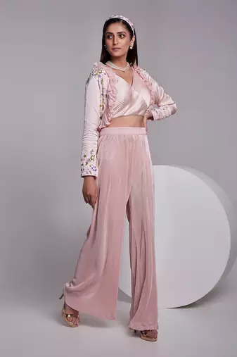 Beautifully Multicolored Short Jacket With Ruffle Details Apired With A Pleated Crop Top And Crush Pants