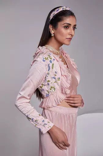 Beautifully Multicolored Short Jacket With Ruffle Details Apired With A Pleated Crop Top And Crush Pants