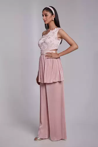 One Shoulder Peplum Top Set With Peek-A-Boo On One Side Of The Waist