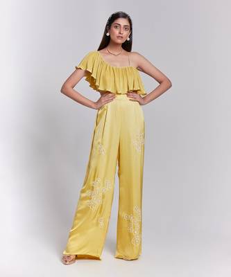 Jumpsuit With One Shoulder Ruffle Details The Pants Have Hand Embroidery 1