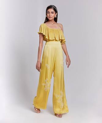 Jumpsuit With One Shoulder Ruffle Details The Pants Have Hand Embroidery 2