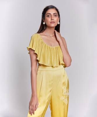 Jumpsuit With One Shoulder Ruffle Details The Pants Have Hand Embroidery 4
