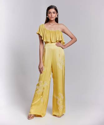 Jumpsuit With One Shoulder Ruffle Details The Pants Have Hand Embroidery 5