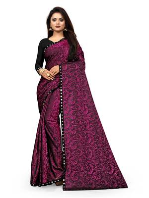 WOMEN  WINE  LYCRA BLEND ZARI PRINT SAREE 1