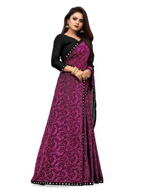 WOMEN  WINE  LYCRA BLEND ZARI PRINT SAREE 2