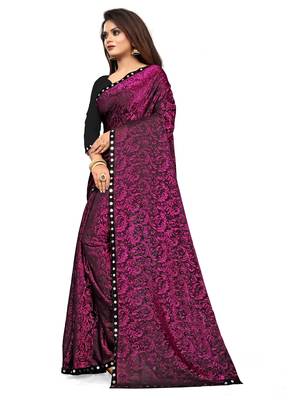 WOMEN  WINE  LYCRA BLEND ZARI PRINT SAREE 3