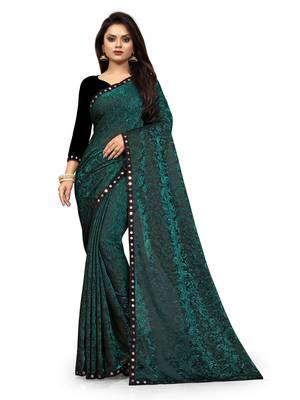 WOMEN  GREEN  LYCRA BLEND ZARI PRINT SAREE 1