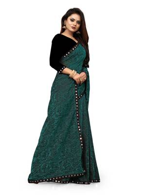 WOMEN  GREEN  LYCRA BLEND ZARI PRINT SAREE 2