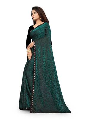WOMEN  GREEN  LYCRA BLEND ZARI PRINT SAREE 3
