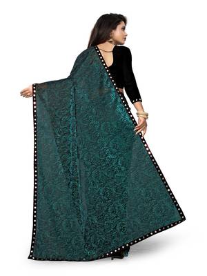 WOMEN  GREEN  LYCRA BLEND ZARI PRINT SAREE 4