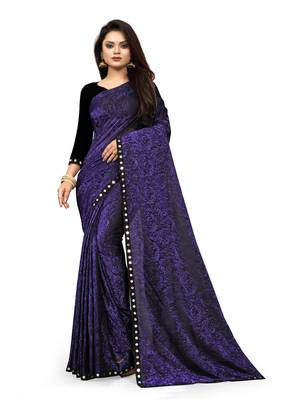 WOMEN  BLUE  LYCRA BLEND ZARI PRINT SAREE 1