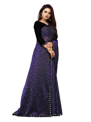 WOMEN  BLUE  LYCRA BLEND ZARI PRINT SAREE 2