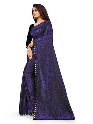 WOMEN  BLUE  LYCRA BLEND ZARI PRINT SAREE 3