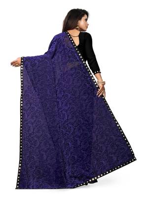 WOMEN  BLUE  LYCRA BLEND ZARI PRINT SAREE 4