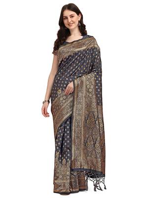 Dark Grey Woven Banarasi Saree Without Blouse 1